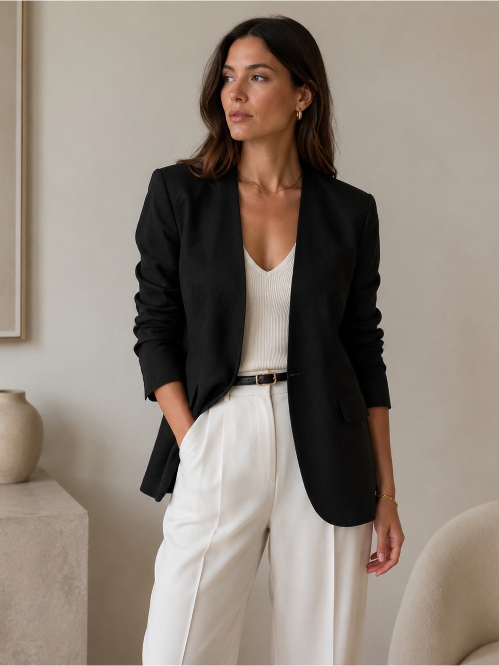 Theory Black Linen Blend Open Front Blazer Minimalist Career Jacket size 10